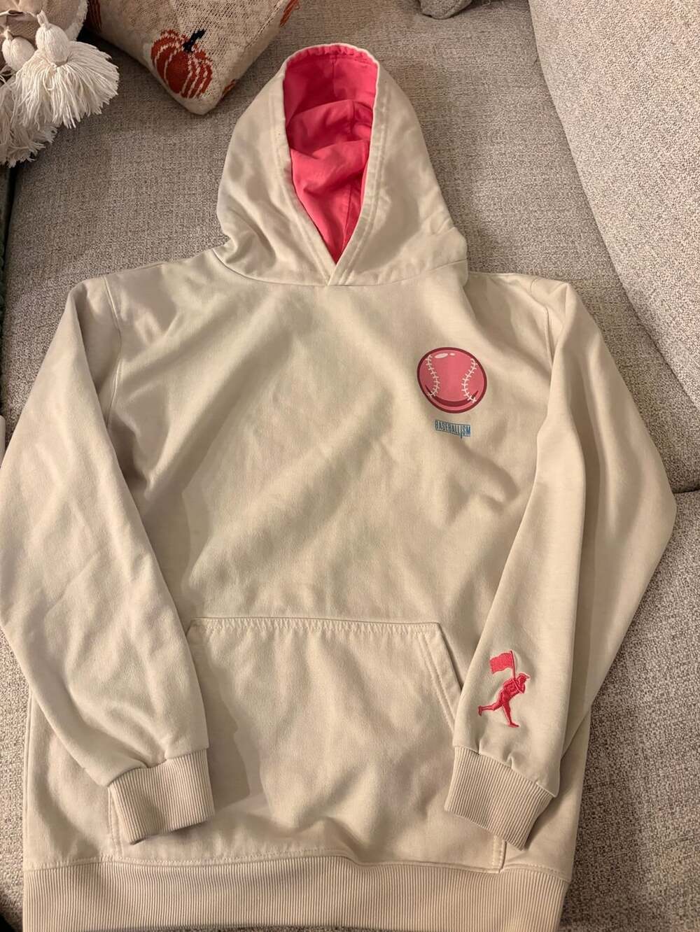 Baseballism Doubles and Bubbles Hoodie Size L Beige Pink